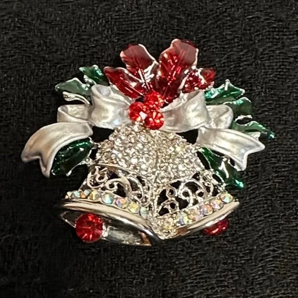 Christmas Bell Brooch Silver Tone Red Holiday Rhinestone‎